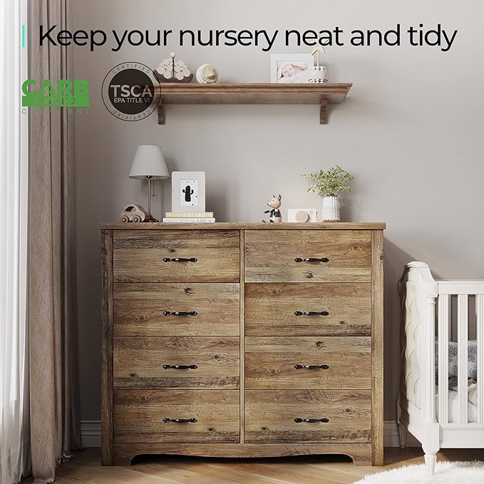 LINSY HOME 8-Drawer Dresser - Modern Bedroom Chest with Wide Drawers, Wood Storage Organizer for Bedroom or Living Room, Brown