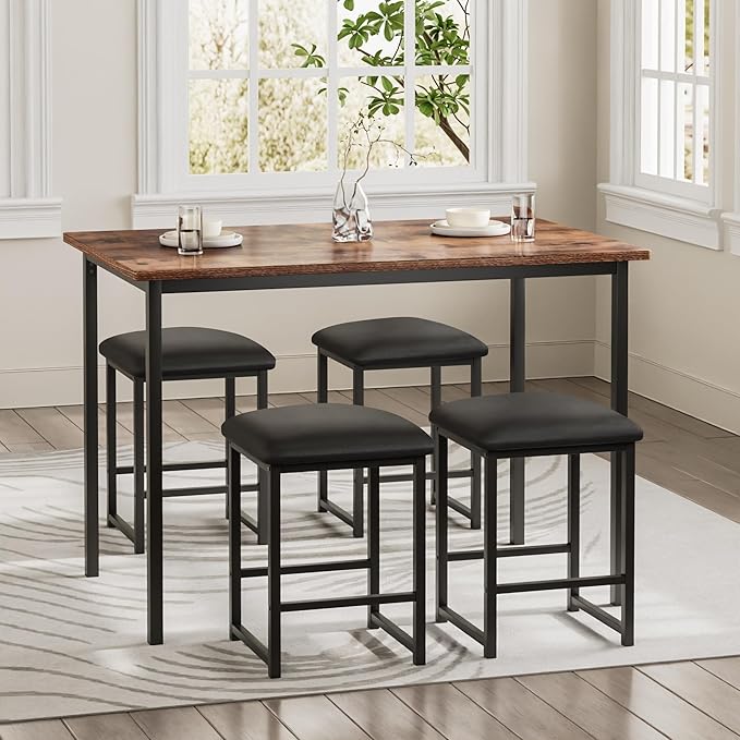 VECELO Kitchen Table and Chairs for 4, Dining Room Set with PU Chairs/Stools, Heavy-Duty Metal Frame, Wooden Tabletop, Space-Saving Design for Small Spaces, Easy Assembly, Rustic Brown