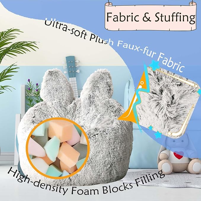 Bean Bag Chair for Kids with Plush Faux Fur Cover, 2.5FT Memory Foam Filled Bean Bag for Teens & Kids, Lazy Sofa for Living Room/Bedroom/Dorm, Rabbit-Ears Design