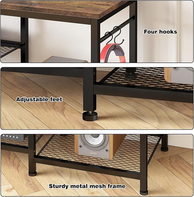 YGEOMER TV Stand Entertainment Center for 55 Inch TVs, with Charging Station and Lights Open Storage Shelves, TV Media Console, Open Storage Shelf with Sound Rack for Living Room, Rustic Brown