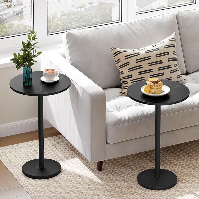 Round Side Table Set of 2, Tall Drink End Table for Small Spaces, Pedestal Style Martini Side Table in Living Room, Bedroom, Dormitory, Marble Black and Black ET30L2BM