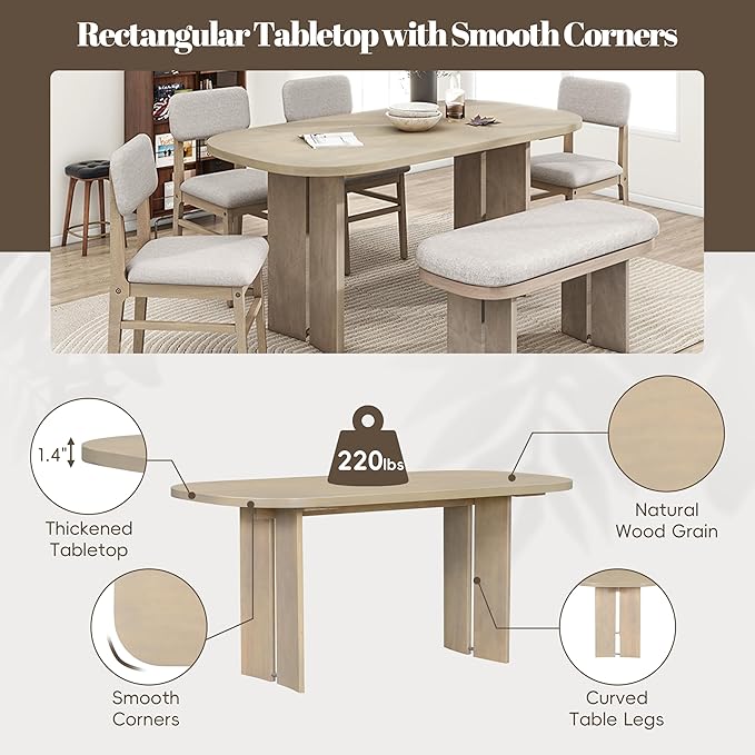 Merax Farmhouse Wooden Dining Set of 6, 65 Inch Rectangular Kitchen Table, Upholstered 4 Chairs with Backrest, Bench with Cushion, Easy Assemble, Natural