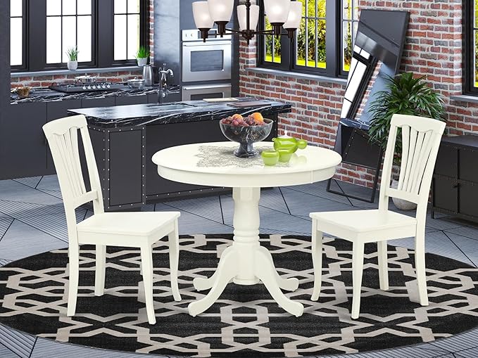East West Furniture ANAV3-LWH-W 3 Piece Dining Table Set for Small Spaces Contains a Round Kitchen Table with Pedestal and 2 Kitchen Dining Chairs, 36x36 Inch, Linen White