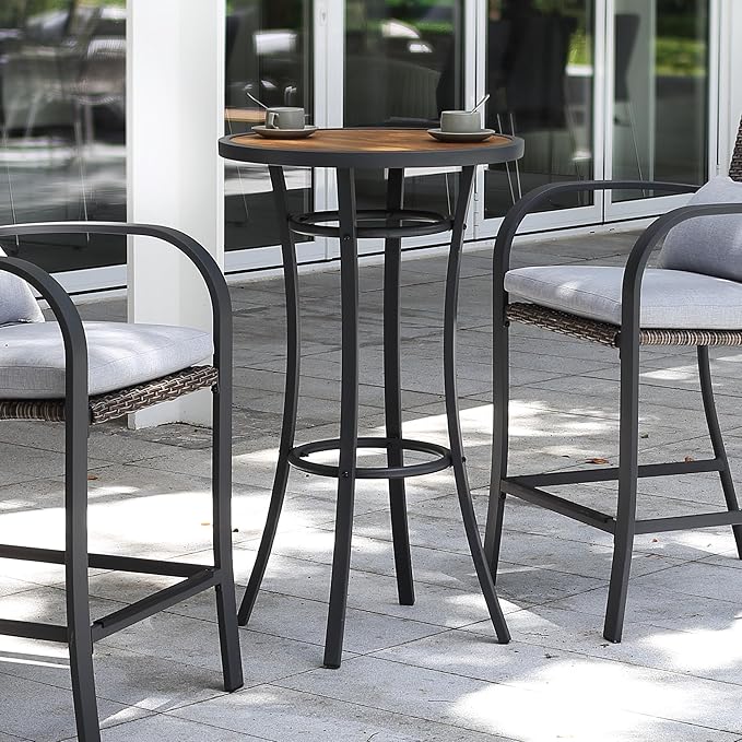 Bar Height Patio Table, 40-Inch Outdoor Pub Table Bistro Table with Wooden-Like Table Top & Metal Frame