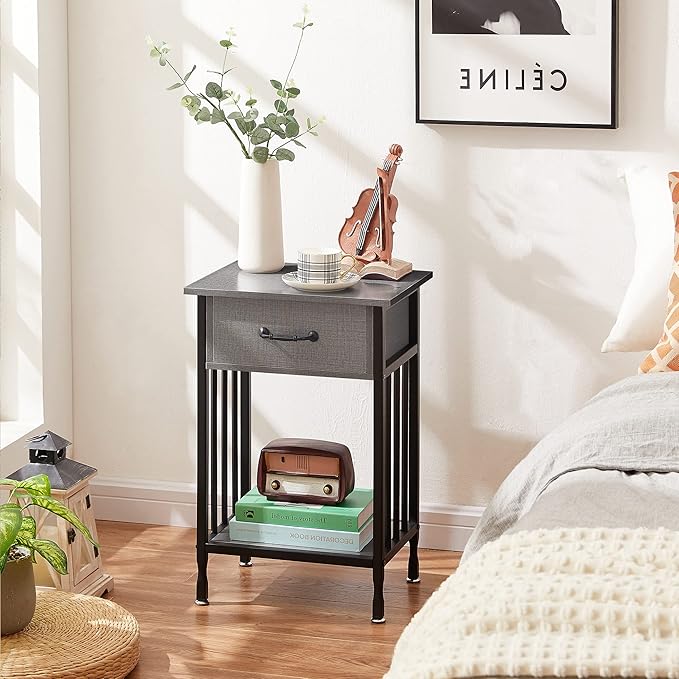 VECELO Nightstands, Industrial Side Table/End Tables with Drawer and Storage Shelf, Night Stands for Bedroom, Living Room, Wood Metal Furniture, Easy Assembly