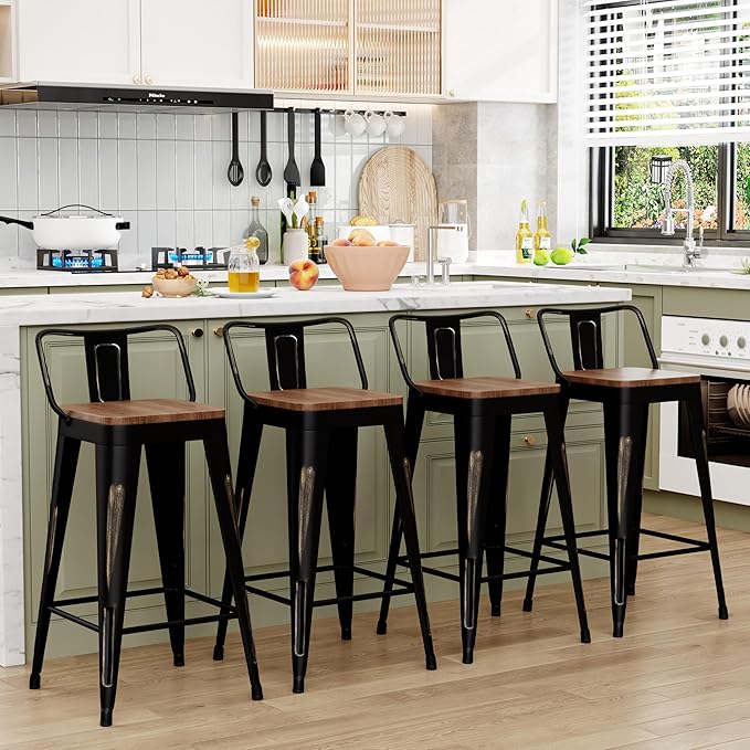 WENTMENT Bar Stools Set of 4 Counter Height Bar Stools Metal Barstools with Removable Back 30" Kitchen Bar Stools with Wooden Seat, Distressed Black