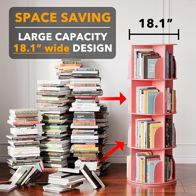 SpaceAid 4 Tier Rotating Bookshelf Tower, Spinning Bookcase Lazy Susan, Revolving 360 Book Shelf Storage Round Carousel, Vertical Rotate Turning Spiral Corner Organizer, Pink