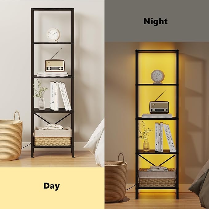 5-Tier Bookshelf, Tall Narrow Bookcase with LED Lights, Book Shelf with Steel Frame, Display Storage Shelf for Living Room, Bedroom, Home Office, Study, Balcony, Black