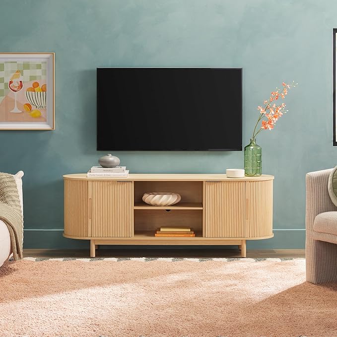 Walker Edison Modern Curved Reeded TV Stand for TVs up to 70 Inches, Credenza with Sliding Doors and Adjustable Shelves, TV Stand with Cord Management Cutout, 60 Inch, Coastal Oak