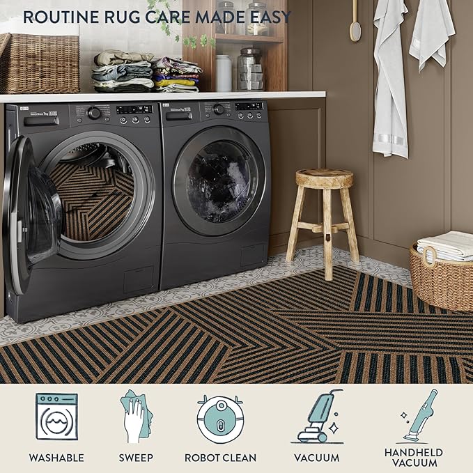 Lahome Modern Geometric Outdoor Easy Jute Rug, 5x7 Patio Living Room Rug Large Black Carpet for Bedroom, Farmhouse Washable Indoor Outdoor Carpet for Dining Room Backyard Deck