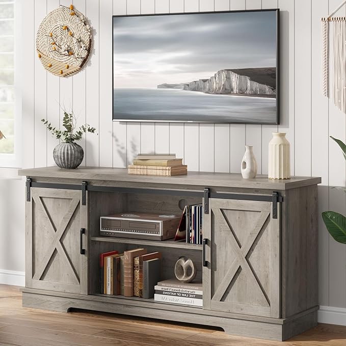 IDEALHOUSE Farmhouse Tv Stand for 65 Inches TVs, Entertainment Center with Storage and Sliding Barn Doors, Adjustable Shelf Modern Media TV Console TV Stand Table for Living Room, Bedroom, Grey