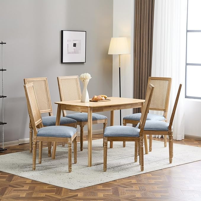 Merax Upholstered Solid Wood Dining Chairs Set of 6, French Country Style Accent Side Seating Furniture for Kitchen, Living Room, Wicker Back, Slate Blue