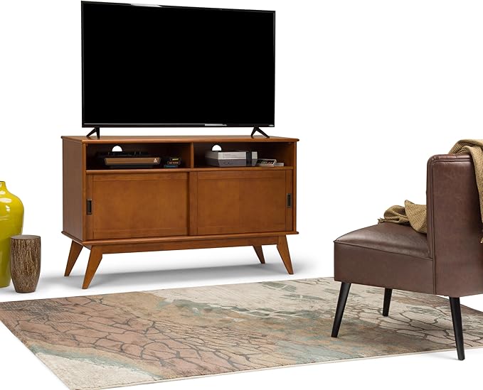 SIMPLIHOME Draper SOLID HARDWOOD 54 Inch Wide Mid Century Modern TV Media Stand in Teak Brown For TVs up to 60 Inches, For the Living Room and Entertainment Center