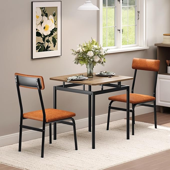 IDEALHOUSE 3 Piece Dining Room Table Set, Kitchen Table Set for 2 with Brown Wooden Grain Kitchen Table and 2 PU Upholstered Metal Chairs, Dining Room Set for Small Space,Home Dinner(2 Brown Chairs)