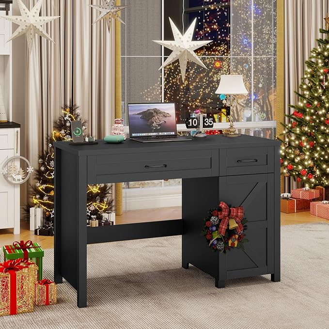 Farmhouse 47" Executive Desk, Computer Desk with Drawers and Storage Cabinet, Workstation Computer Desk for Home Office, Study.(Pure Black)