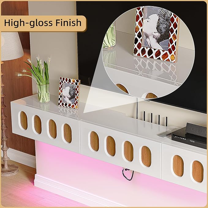 Floaticase Fully Assembled Floating TV Stand, 47IN High Gloss Wall Mounted Entertainment Center with Flip-Down Doors & Drawers, TV Console Under TV Shelf for Bedroom Livingroom