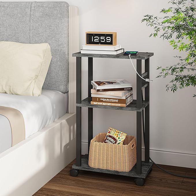 TUTOTAK Small Narrow Side Table with Charging Station, Set of 2, Skinny End Table for Small Spaces, Slim Nightstand with USB Ports and Outlet,Sofa Beside Table with Wheels, Charcoal Grey TB01BY047