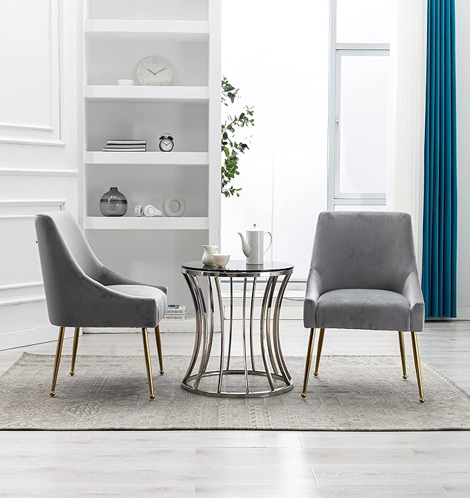 Velvet Dining Chairs, Furniture Collection Modern Contemporary Upholstered with Polished Gold Metal Legs, Set of 6(Light Grey)