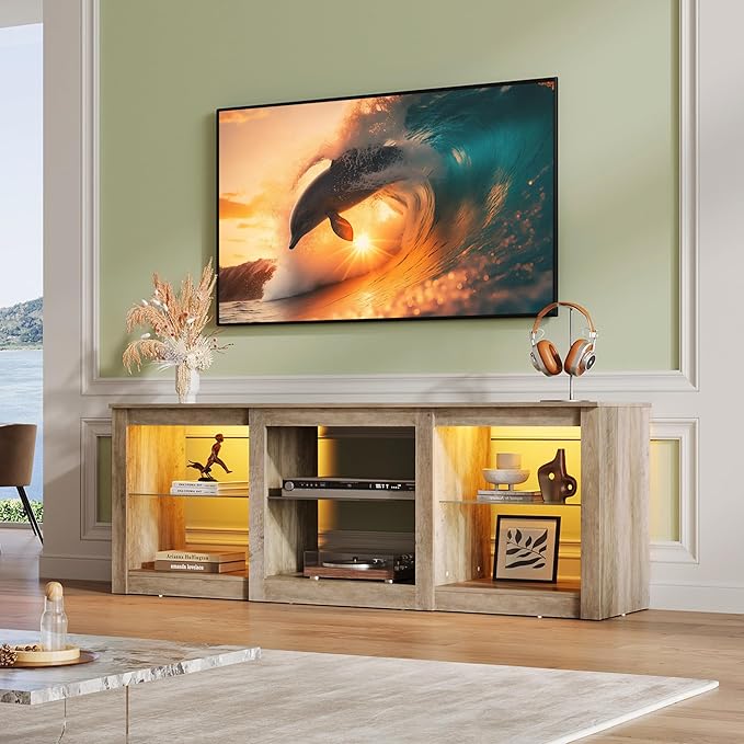 WLIVE LED TV Stand for 65 Inch TV, Modern Entertainment Center with Adjustable Glass Shelves & Customizable LED Lights, Sturdy Media Console for Living Room, Bedroom,Gaming (Gray Oak)