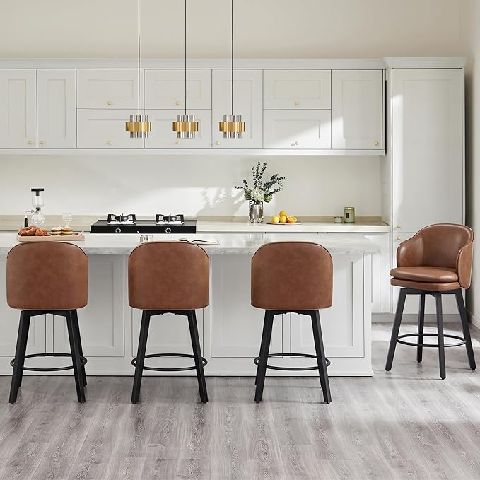 Counter Height Barstools 26 inch Upholstered Swivel Bar Stools with Back and Wood Legs for Kitchen Island,Set of 4,Brown PU Leather