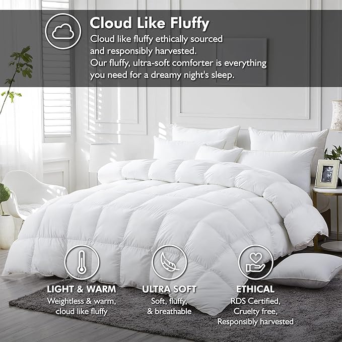 Luxurious White Solid Medium Weight, Oversize California King Size Goose Feathers Down Comforter for All-Season, 108 X 98 inches, Premium Baffle Box, 100% Egyptian Cotton Cover, 80 oz. Fill Weight