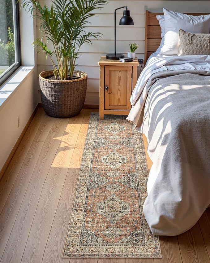 Lahome Oriental Washable Kitchen Runner Rug Non Slip, 2x8 Runners for Hallways with Rubber Backing, Vintage Soft Long Carpet for Bathroom Laundry Bedroom, Peach/Orange