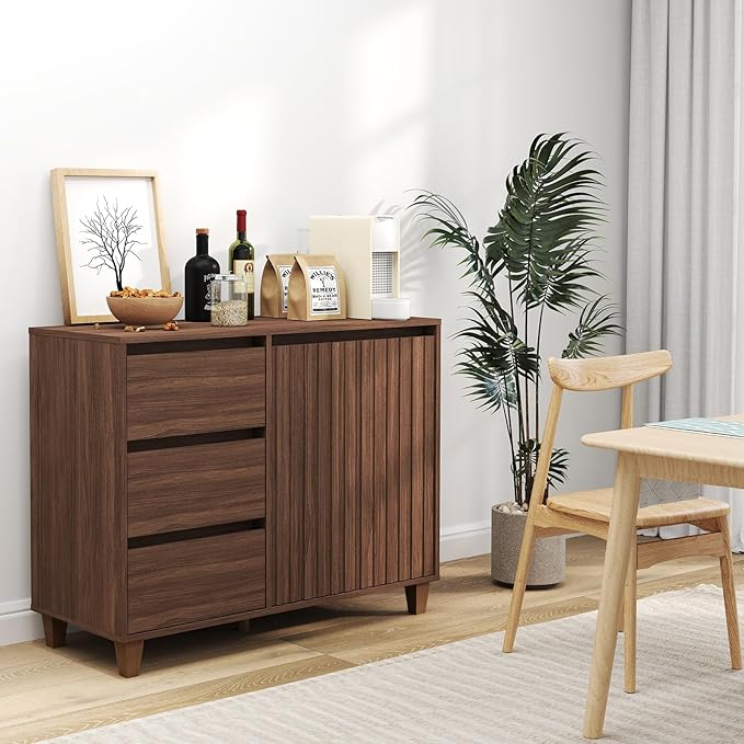 Redkey Fluted Sideboard Cabinet - Mid Century Modern Sideboard Buffet Cabinet with 3 Drawers - Buffet Table with Handle-Less Design for Kitchen Bedroom Dining/Living Room - Walnut