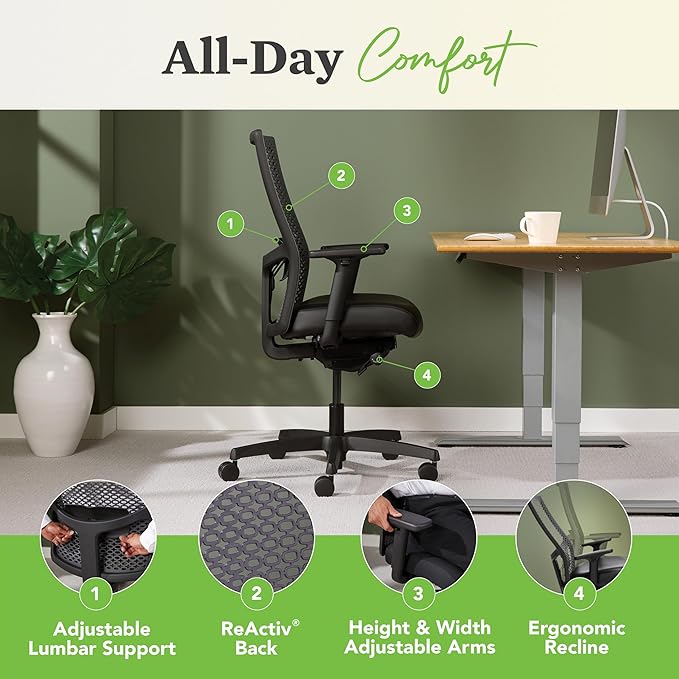 HON Ignition 2.0 ReActiv Ergonomic Office Chair, Synchro-Tilt Recline, Breathable Flex Back, Swivel Wheels, Comfortable Desk Chair for Long Hours, Blue