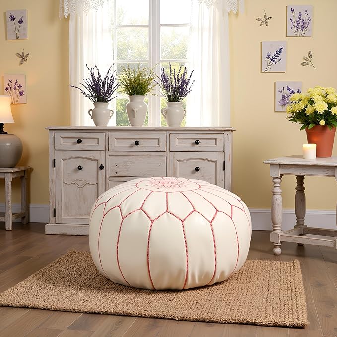 Stuffed Round Design Moroccan Leather Pouf Ottoman, Handmade, Pre-Filled, 100% Genuine Leather, 13” Height x 20” Diameter, Footstool & Living Room Décor (White with Pink Stitches)