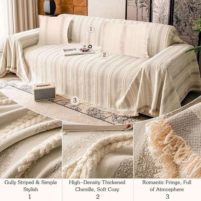 Couch Cover for Dogs Washable Sofa Cover, Sectional Couch Covers, Sofa Covers for 2 Cushion Couch, Non Slip Stripe Sofa Slipcovers Furniture Protector, Couch Protector from Cat Claws, Beige,75''x150''