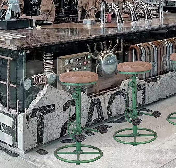 Topower Vintage DIY Bar Stool Bicycle Chain Iron Pedal Retro Industrial Height Adjustable Bicycle Wheel Design bar Chair Set of 2 Antique Green