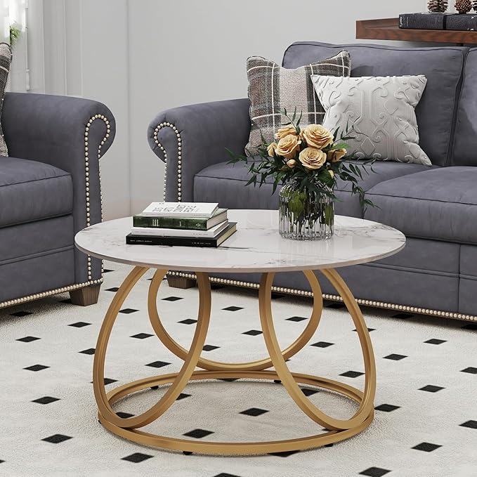 OIOG Round Coffee Table for Living Room, Modern Coffee Table with Marbling Natural Stone, Gold & White