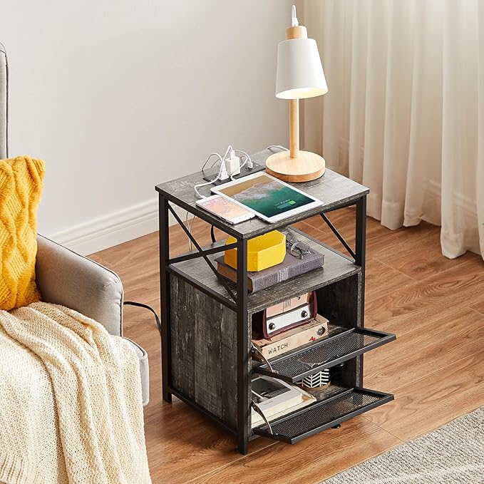 VECELO Oak Gray End Table with USB Ports and Outlets,24 Inch Nightstands with Charging Station and Storage Shelf for Bedroom,Living Room, 1 Set