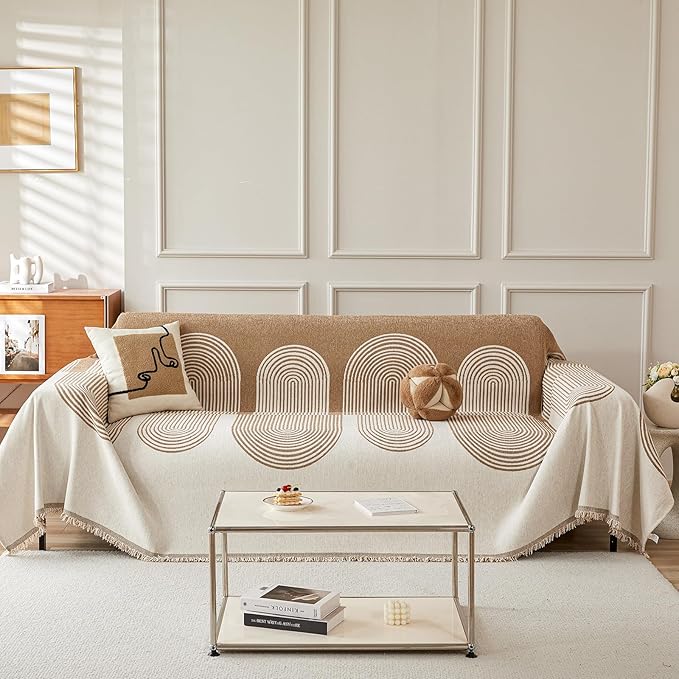 STACYPIK Modern Beige Geometric Couch Cover for Dog Boho Reversible Sofa Covers for 3 Cushion Couch Washable Furniture Protector Chenille Sofa Slipcover Loveseat Cover Multi-Use Throw Blanket-71X134IN