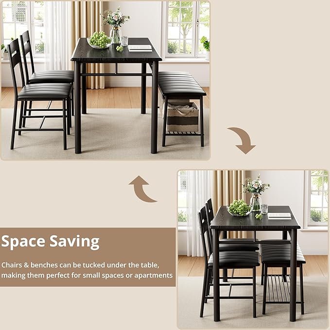 IRONCK Dining Table Set for 4, Kitchen Table with Upholstered Bench and 2 Chairs, Kitchen Table and Chairs Set for Small Space, Apartment, Black