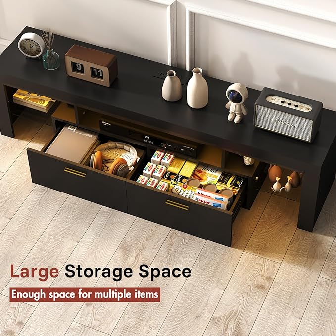 Redkey Modern TV Stand with Mount - TV Console with 2AC Outlets - Television Stands with RGB Led Light for 75 Inch TVs - Double Cabinet - 40°Adjustable Amplitude - Black(FBA)