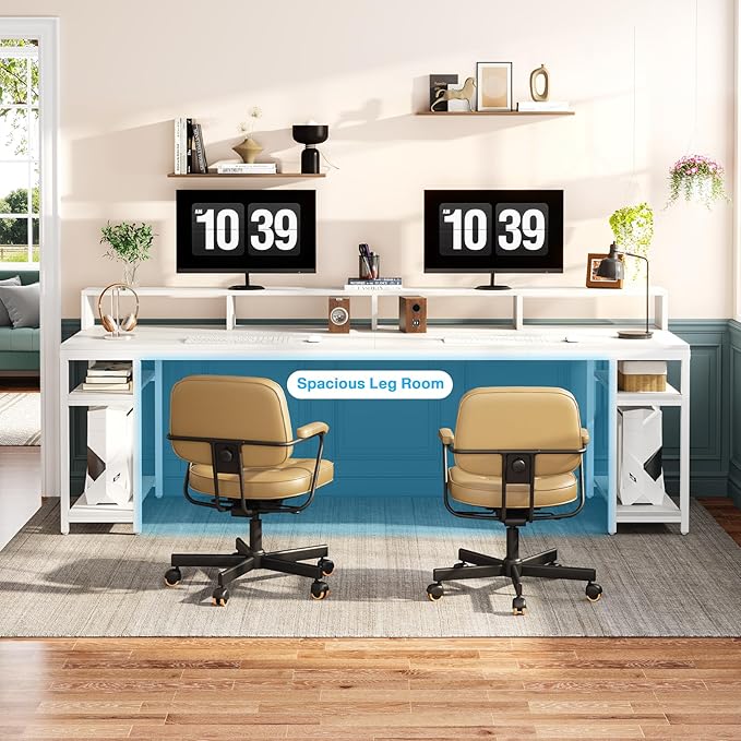Tribesigns Two Person Desk with Monitor Stand, 78.74" Long Double Computer Office Desk with Storage Shelves, Large Gaming Desk Study Writing Table Workstation for Home Office (White)