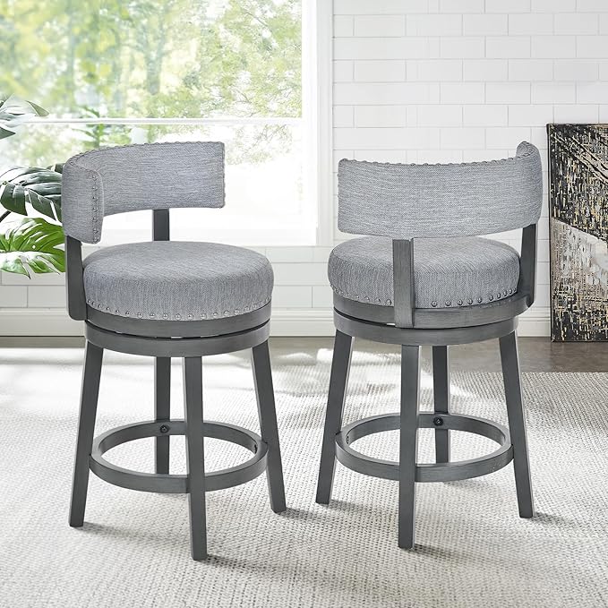 COLAMY Swivel Bar Stool Set of 2, Modern Swivel Barstool with Back, Counter Height Bar Stools, 25 Inch Upholstered Wood Barstool for Kitchen Island Dining Room Bar, Grey