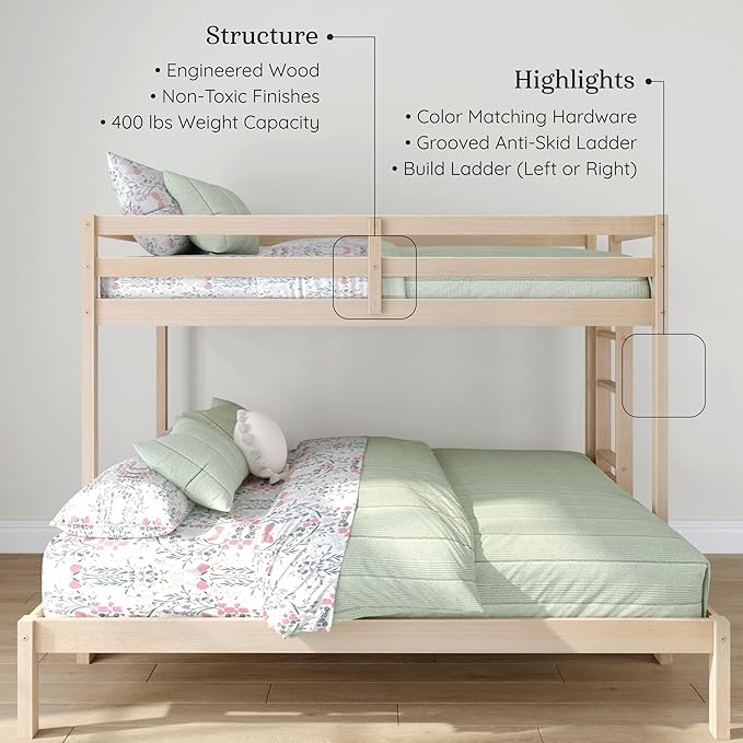 Grain & Grove Bear Twin XL Over Queen Bunk Bed, Sturdy Bunk Bed Frame for Kids, Plywood Bunk with Ladder, Guardrail, and Slats, No Box Spring Required, Oak Embossed Natural