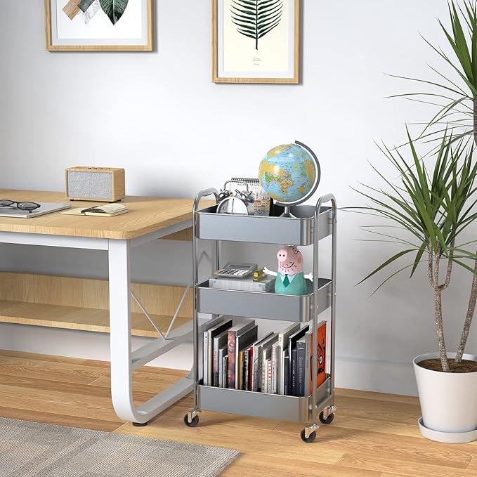 MAX Houser 3-Tier Rolling Utility Cart with Caster Wheels,Easy Assembly, for Kitchen, Bathroom (Silvery-Grey)