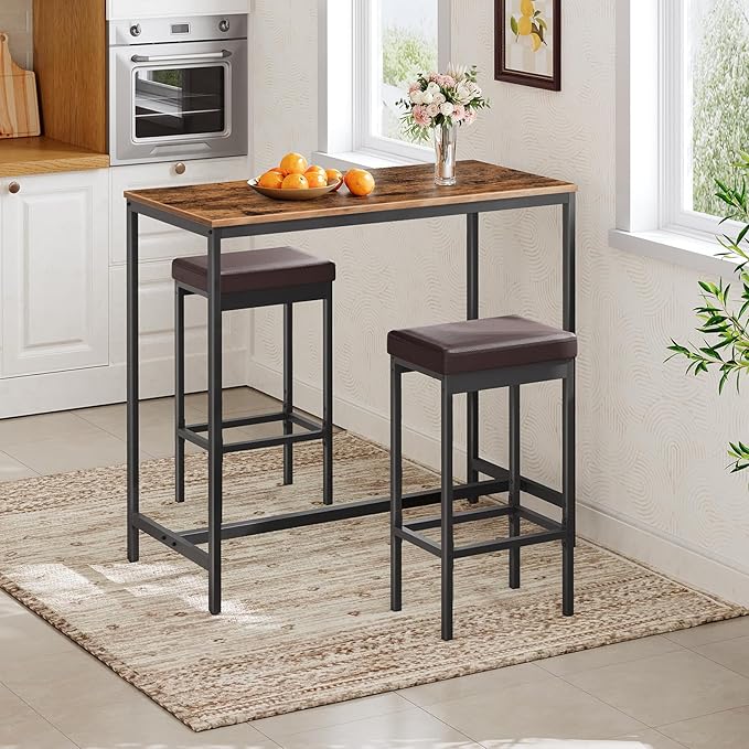 HOOBRO Bar Stools, Set of 2 Barstools, 24.8-Inch Height Stools, Breakfast Barstools, Kitchen Bar Chairs, 2" Thick Upholstery, for Kitchen, Dining Room, Cafe, Bar Counter, Brown and Black BC21BY01