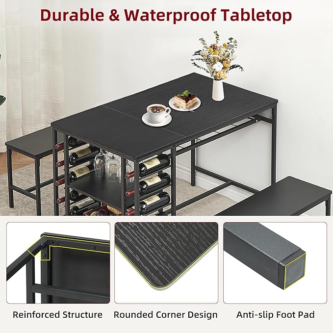IDEALHOUSE Dining Table Set for 4, Kitchen Table Set for 4 with 2 Benches, Rectangular Dining Room Table Set with Wine Rack, 3 Piece Dining Table Set for Small Space Apartment, Black
