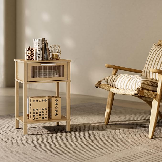 Nightstand Wooden Bedside Table with Drawer Natural Wood Night Stands Modern Style Small End Table Side Table with Storage Shelf for Bedroom Living Room MLBZ10YEV