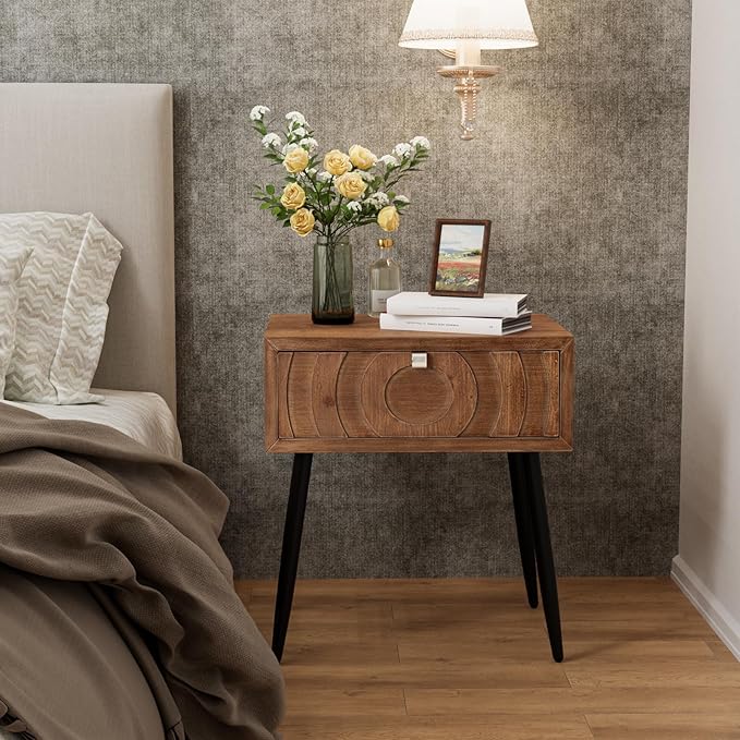 COSIEST End Tables Set of 2, Mid Century Modern Nightstands, Wood Bedside Tables, Accent End Tables with One Storage Drawer for Living Room, Bedroom (Brown, Circle Pattern)