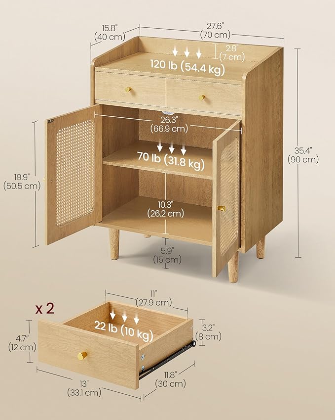 VASAGLE BOHOVEN Collection - Buffet Cabinet, Sideboard Storage Cabinet with Rattan-Like Doors and Drawers, Accent Cabinet, Adjustable Shelf, Boho Style, for Living Room, Oak Beige