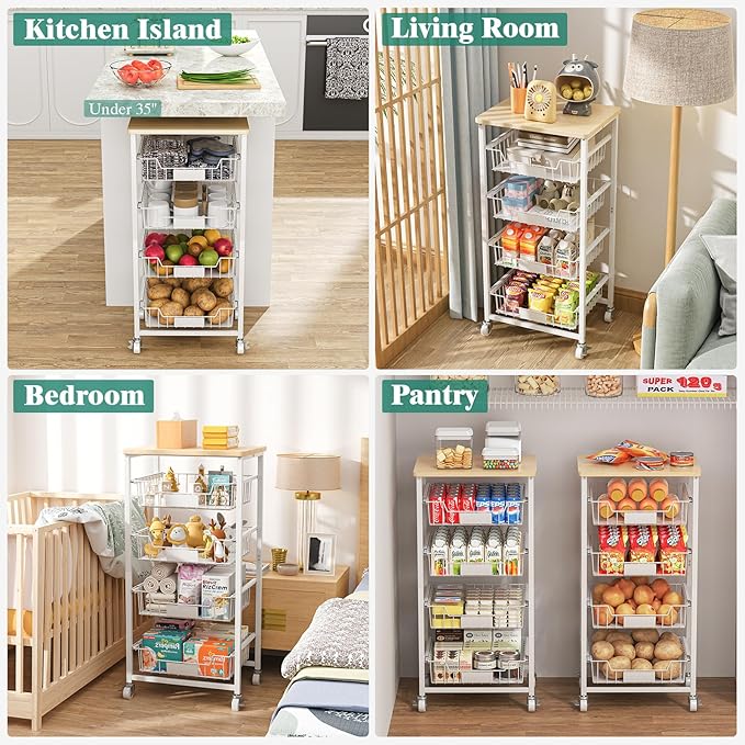 Fruit Vegetable Basket for Kitchen Pantry Storage Organizer, 5-Tier Metal Utility Kitchen Rolling Cart on Wheels with Drawer Rack and Wood Top for Potatoes Onions