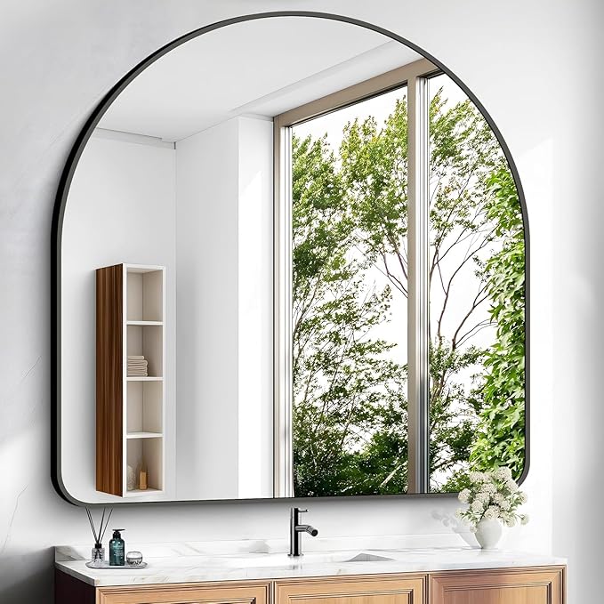 Arched Bathroom Mirror, 30"x30" Black Arched Mirror for Bathroom, Wall Mounted Mirror, Gold Vanity Wall Mirror Metal Frame for Bedroom, Entryway, Living Room, Vertically Hanging
