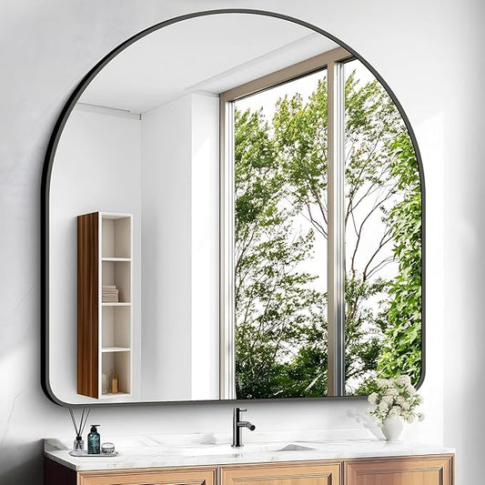 Arched Bathroom Mirror, 30"x30" Black Arched Mirror for Bathroom, Wall Mounted Mirror, Gold Vanity Wall Mirror Metal Frame for Bedroom, Entryway, Living Room, Vertically Hanging