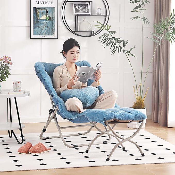 Saucer Chair with Ottoman, Comfy Oversized Folding Chair, Faux-Fur Reading Chair for Teens, Adults, Foldable Accent Lazy Chair, Metal Frame Lounge Chair for Living Room, Bedroom, Blue