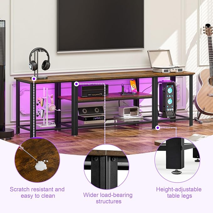 WelFurGeer Industrial Metal TV Stands with RGB LED Lights & Built-in Power Outlets - Modern TV Entertainment Center for Living Room, Open Grid Design TV Console with Storage (Brown)